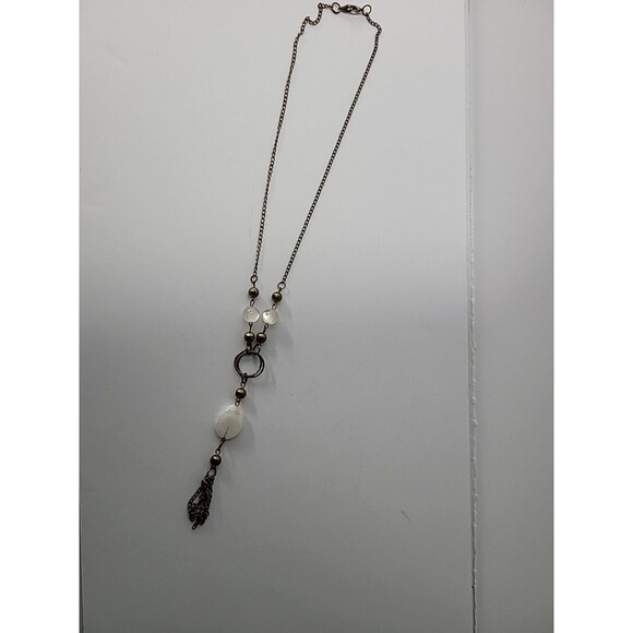 Vintage Gold Tone Tassel Necklace White Bead Boho Statement Pendant Jewelry - Picture 9 of 13